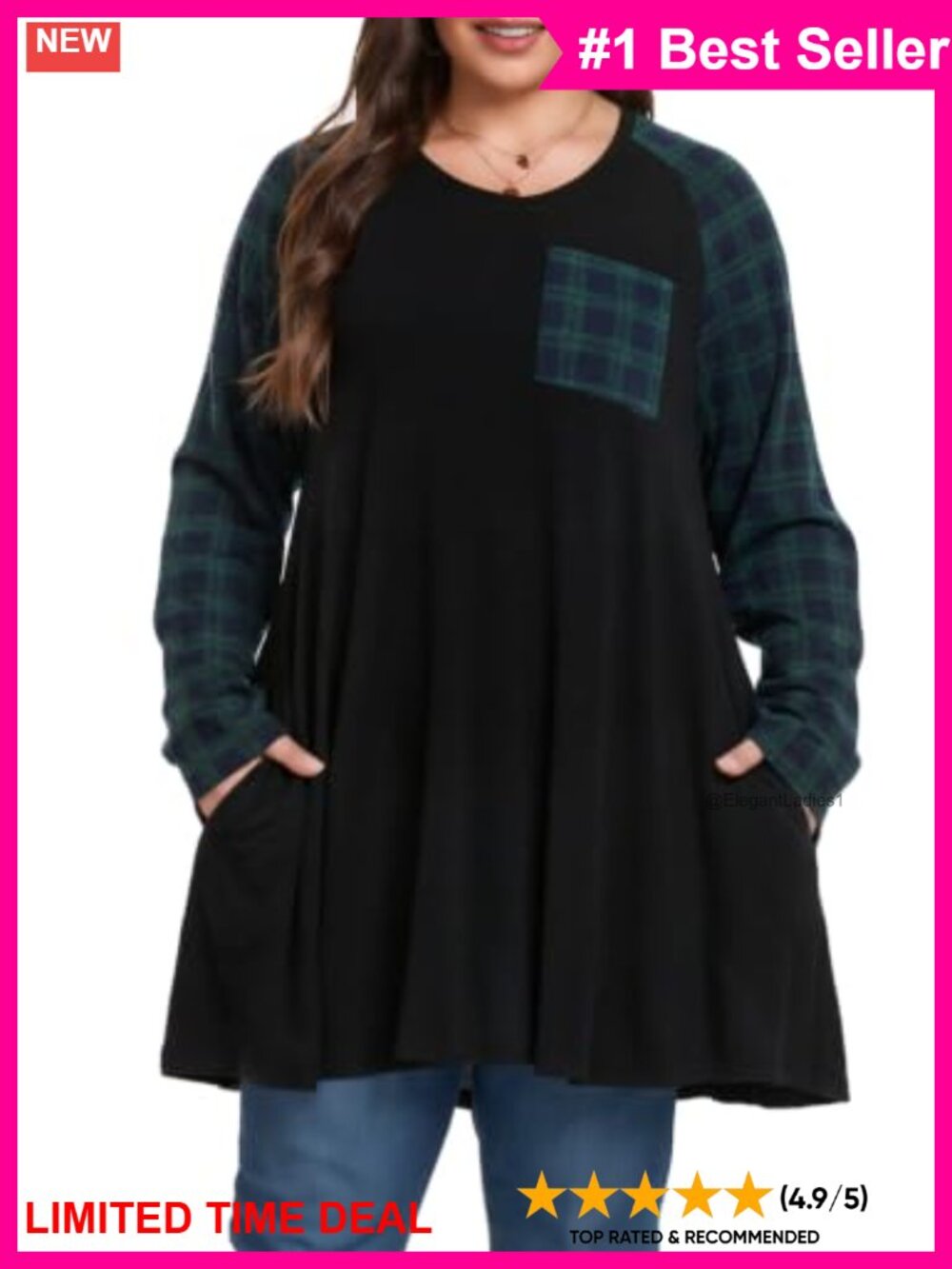 Plus Size Long Sleeve Tunic Top with Pockets Color Block